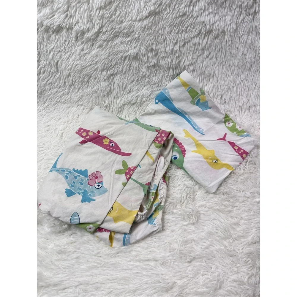 Pottery Barn Kids PBK Funny Fish Full Fitted Sheet Pillowcase Cotton Set